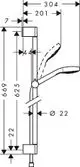 Hansgrohe Duschsystem mit Brausestange, einarmiger Handbrause und schlanker Halterung, dargestellt in einer technischen Zeichnung mit Maßangaben.